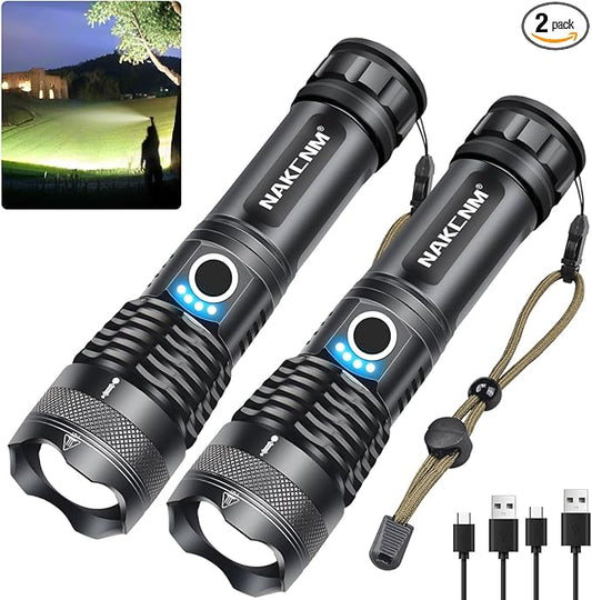Flashlights High Lumens Rechargeable, 2 Pack XHP70 Led Flashlight, 20000 Lumen Super Bright Flashlight with 5 Modes, Waterproof Powerful Tactical Flash Light Torch for Camping Outdoor Emergency