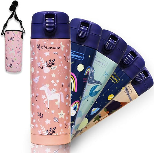 Stainless Steel Water Bottle Kids 12 oz With Carrying Pouch| Insulated Water Bottle For Kid, Toddler, Girls or Teen | Leakproof, BPA-Free |Little Metal Tumbler for School, Pink Unicorn Girl