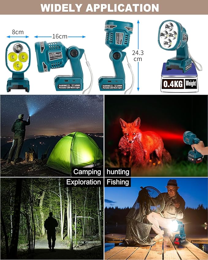 Cordless LED Flashlight for Bosch 18v Battery, 22W LED Work Light with USB-A&USB-C 2.1A Fast Charging Ports for Jobsite, Car Repairing, Camping, Emergency