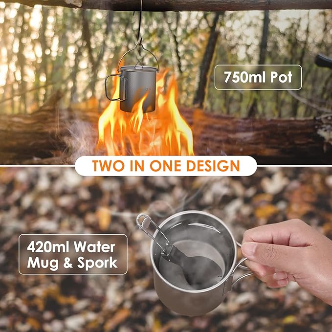 Lixada Camping Titanium Pot,750ml Titanium Pot with 450ml Water Cup Mug Folding Spork Camping Cookware Set for Outdoor Camping Hiking Backpacking