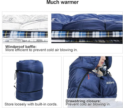 REDCAMP Flannel Sleeping Bag for Adults, Comfortable Cotton Sleeping Bags for Camping with Detachable Hood, Red/Grey/Blue