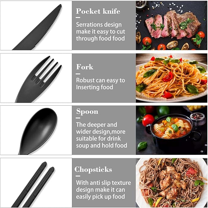Large Reusable Travel Utensils Set with Case, Plastic Silverware Set for Adults Travel Picnic Camping, Portable Flatware Cutlery Set with Chopsticks for Daily Use(Black)