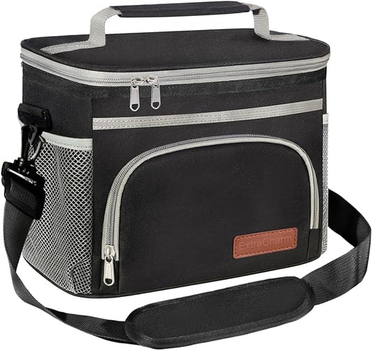 ExtraCharm Insulated Lunch Bag for Women/Men - Reusable Lunch Box for Office Picnic Hiking Beach - Leakproof Cooler Tote Bag Organizer with Adjustable Shoulder Strap for Adults-Black grey