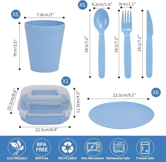 Wheat Straw Dinnerware Sets for 6, 31 Piece Unbreakable Outdoor Cutlery Set. Reusable plates and cups set for camping, picnics, RV trips, and party grills. (Blue)