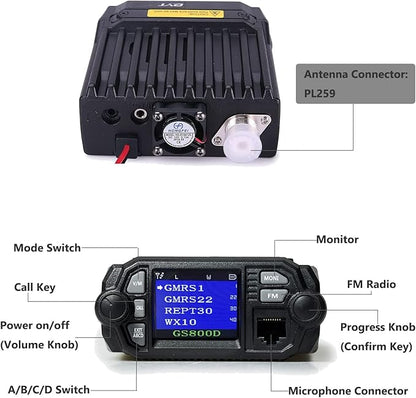 GMRS Mobile Radio Mini Size 20 Watt Long Range GMRS Repeater Capable NOAA Weather Alert Two-Way Radio GS800D