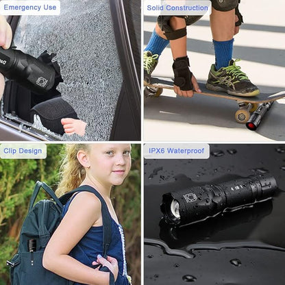 4 Colored Flashlight with RGB Lights, Rechargeable Battery, Charger, Bracelet, High Lumen Zoomable Emergency Torch Multipurpose for Kids Camping Hunting Fishing Hiking Gear