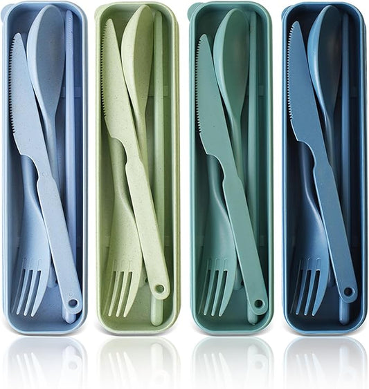 Large Reusable Utensils Set with Case, 4 Sets Travel Utensil with Chopsticks, Portable Plastic Cutlery Set Fork Spoons Knife Set for Adult Lunch Accessories, Camping Flatware