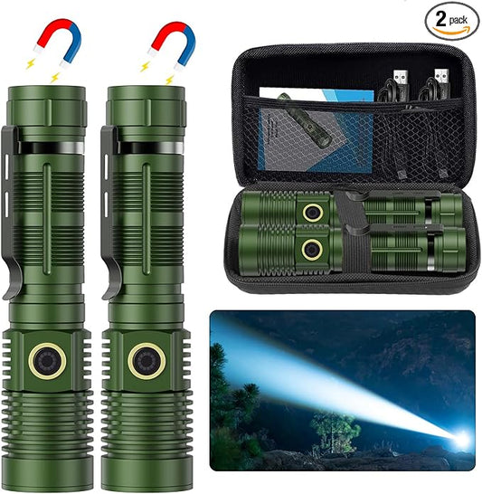 Small Tactical Flashlights 20000 High Lumens - 1500 Meters Long Beam Super Bright LED Magnetic Flashlight USB Rechargeable Zoomable 5Modes Long Beam Spotlight Flashlight for Hiking, Camping-Green