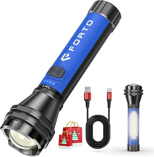 FORTO Flashlight 100000 High Lumens,Super Bright LED Rechargeable Flashlight,Zoomable,Waterproof,4 Modes Flash Light with Side Lights,Handheld Flashlights for Camping,Hiking,Emergency,Home,Blue