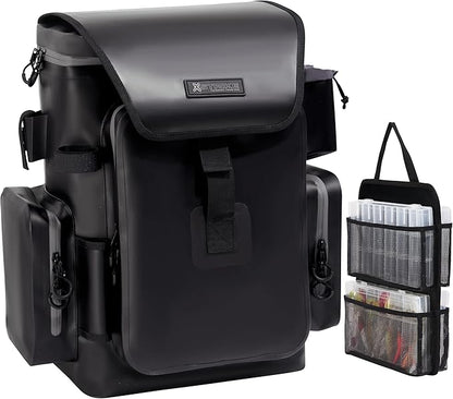 Fishing Tackle Backpack Dry Bag with rod holder 4 tackle boxes and Organizer, Waterproof 600D TPU Fabric with Heat Pressed Seams for Freshwater, Saltwater, Fly Fishing, Camping, and Hiking
