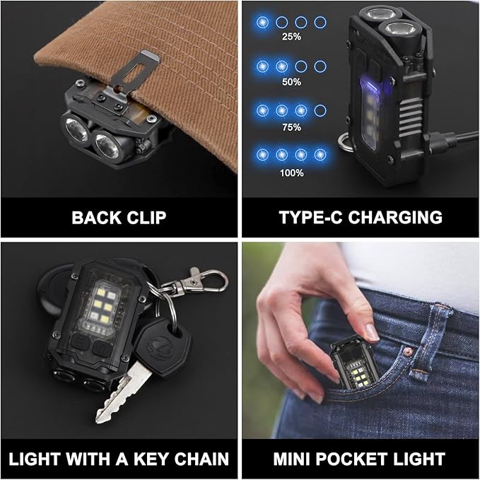 SEFONE 8 Modes Clip on Flashlight Mini EDC Keychain Flashlight, Running Light LED & COB Small Pocket Flash Lights, Super Bright 800 High Lumens Work Light Men Gifts (Black)
