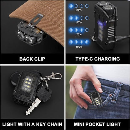 SEFONE 8 Modes Clip on Flashlight Mini EDC Keychain Flashlight, Running Light LED & COB Small Pocket Flash Lights, Super Bright 800 High Lumens Work Light Men Gifts (Black)