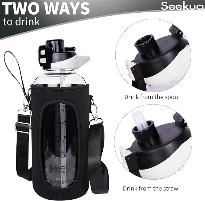 48 oz Large Sports Glass Water Bottle with Straw & Time Marker, Motivational Daily Glass Drinking Bottle with Strap for Fruit Infused Water, Smoothie, Coffee
