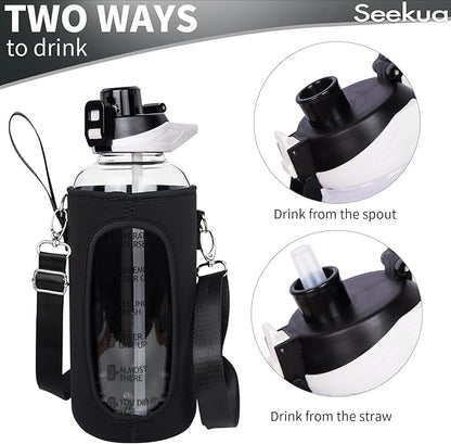 48 oz Large Sports Glass Water Bottle with Straw & Time Marker, Motivational Daily Glass Drinking Bottle with Strap for Fruit Infused Water, Smoothie, Coffee