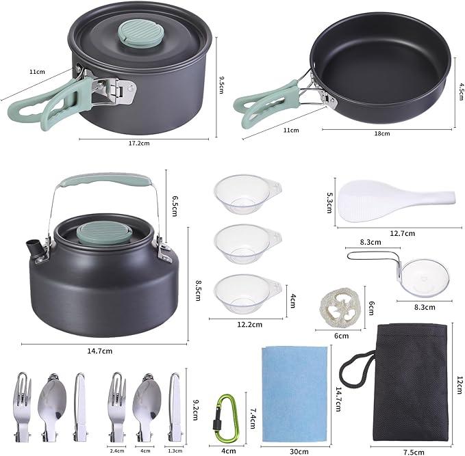 Camping Cookware Set with Silicone Handle, Camping Cooking Set for 2-3 Person,Camp Cooking Set with 1.5L Pot,Camping Pot Pan Set with Kettle and Folding Tableware for Camping Hiking Picnic