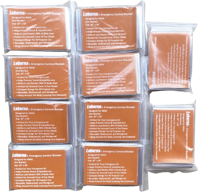 Emergency Blanket Survival Gear | Foil Mylar Thermal Blankets 63" x 87" inches (Pack of 10) | Big Double Sided Escape Tact Bivvy, | for NASA, Outdoors, Hiking, Space, Marathons First Aid Kit