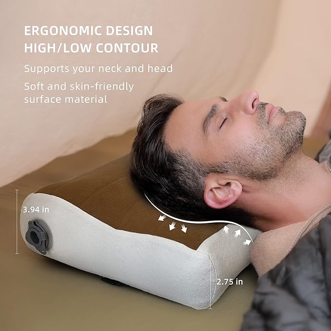 FLEXTAILGEAR Neck Contour Inflatable Camping Pillow, Ergonomic Travel Pillow Backpacking Gear with Removable Cover Separate TPU Bladder for Camp, Hiking, Airplane, Road Trip, Office(Brown)