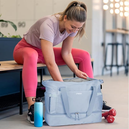 ETRONIK Gym Bag for Women, Personal Item Travel Bag with Shoes Compartment, Weekender Overnight Duffel Bag with Wet Pocket & USB Charging Port, Carry On Bag for Women, Travel, Gym, Weekend (Blue)