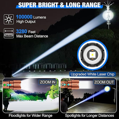 Flashlights High Lumens Rechargeable, 100000 Lumens Super Bright LED Powerful Flashlight, Type-C, 5 Modes, Zoomable, IPX5 Waterproof High Powered Tactical Flash Light for Emergency Camping,Brown