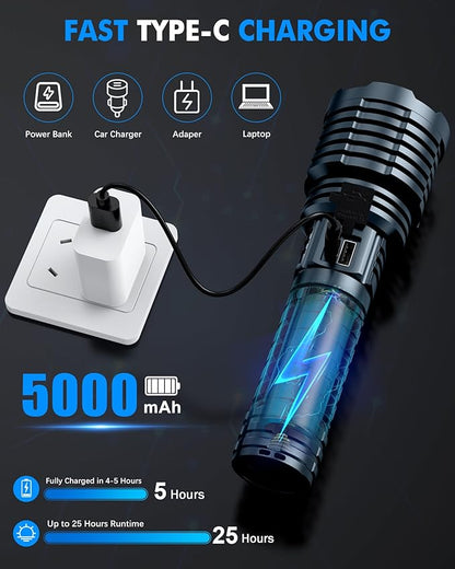 Super Bright Rechargeable LED Flashlights,True 2500000 High Lumens, Powerful Tactical Flashlight Up to 25H Long Battery Life |Zoomable|5Light Modes|IP67 Water Resistant for Camping (Grey)