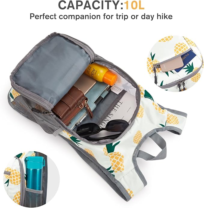 G4Free 10L/15L Hiking Backpack Lightweight Packable Hiking Daypack Small Travel Outdoor Foldable Shoulder Bag(Yellow Pineapple)