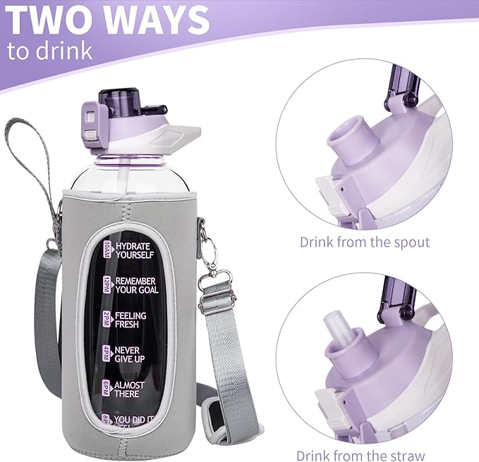 48 oz Large Sports Glass Water Bottle with Straw & Time Marker, Motivational Daily Glass Drinking Bottle with Strap for Fruit Infused Water, Smoothie, Coffee