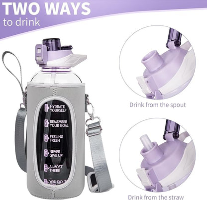 48 oz Large Sports Glass Water Bottle with Straw & Time Marker, Motivational Daily Glass Drinking Bottle with Strap for Fruit Infused Water, Smoothie, Coffee