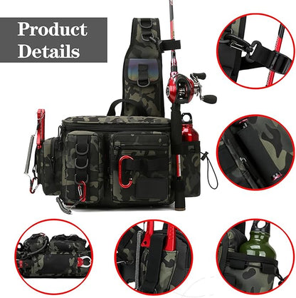 YIANTU-Fishing Tackle Backpack Fishing Fanny Pack Crossbody Bag Fishing Tackle Box Organizer with Rod & Gear Holder, Ideal for Fishing, Camping, Hiking and More!, 16.5*8.3*6.7inches