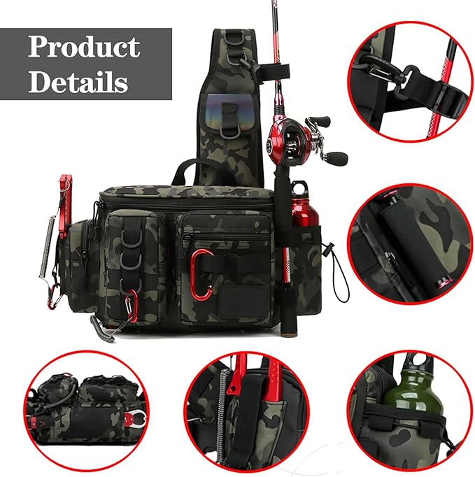 Fishing Tackle Backpack Fishing Fanny Pack Crossbody Bag Fishing Tackle Box Organizer with Rod & Gear Holder, Ideal for Fishing, Camping, Hiking and More!-YIANTU