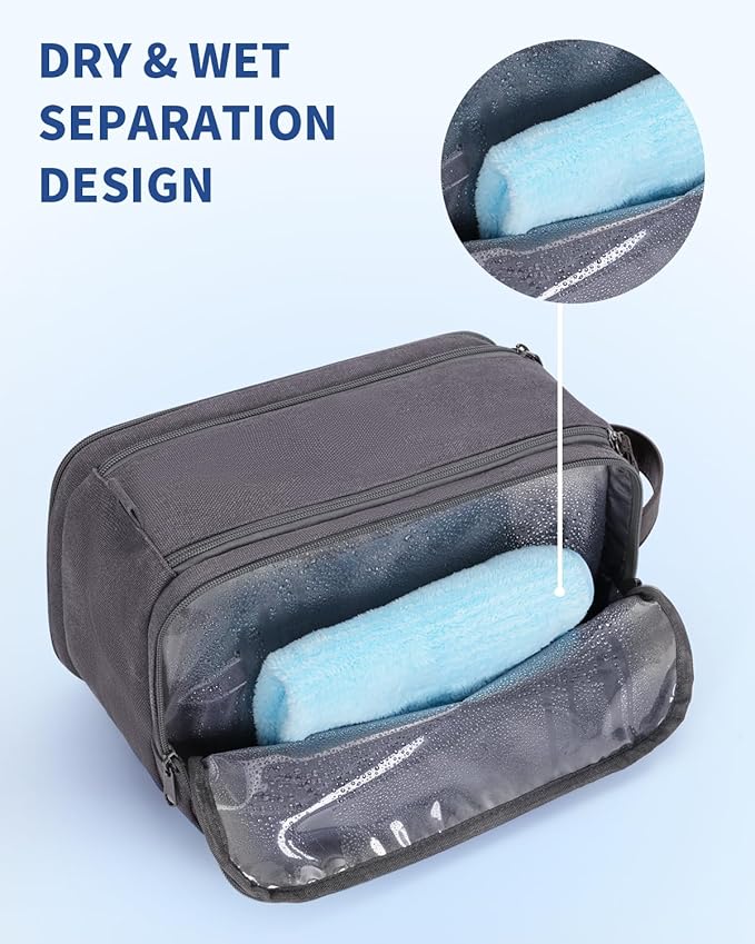 WANDF Toiletry Bag for Men Travel Toiletry Organizer Canvas and Leather Dopp Kit Water-Resistant Shaving Bag for Travel Accessories (Grey, Patent Pending)