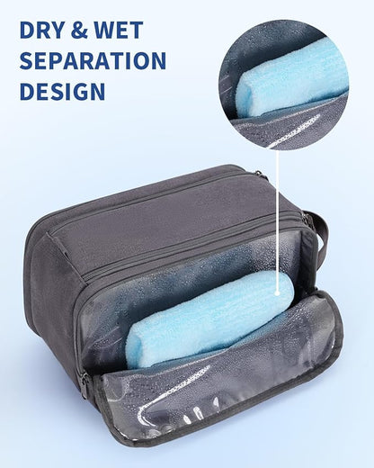 WANDF Toiletry Bag for Men Travel Toiletry Organizer Canvas and Leather Dopp Kit Water-Resistant Shaving Bag for Travel Accessories (Grey, Patent Pending)
