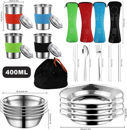 Camping Mess Kit, Stainless Steel Camping Cooking Set Includes Plate Bowl Cup with Sealing Cover Spoon Fork Knife in Mesh Bag for Backpacking, Camping, Hiking and Picnics for 4 Person