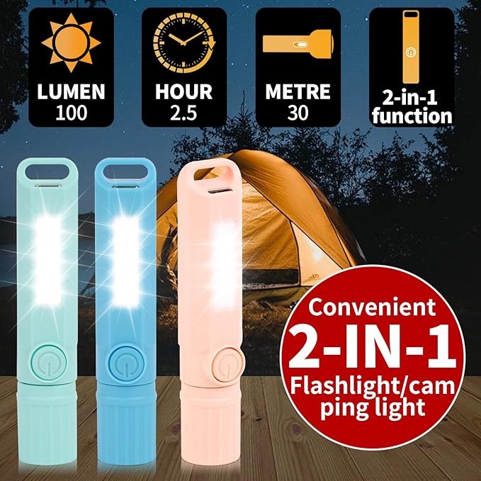 3 Pack Rechargeable Flashlights USB C Mini LED Flashlights, Camping Lantern Combo Flashlight, Ultralight Zoomable Flashlights, for Kids Gift, Camping, Hiking, Night Reading etc (3 Pack)