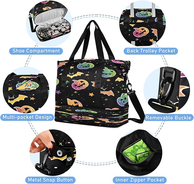 Pumpkins and Bats Travel Duffel Bag Waterproof Gym Sport Tote Bag Carry On Weekender Bag with Compartment