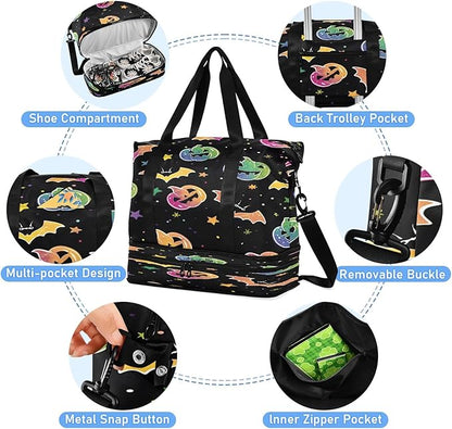 Pumpkins and Bats Travel Duffel Bag Waterproof Gym Sport Tote Bag Carry On Weekender Bag with Compartment