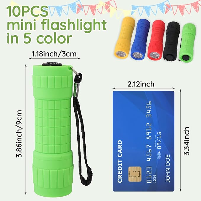 10Pack Mini Flashlights Set, 9-LED Small Flashlight for Kids, 5 Colors, with Lanyard and 30 AAA Batteries Included, Perfect for Night Reading Party Camping Hunting Emergency