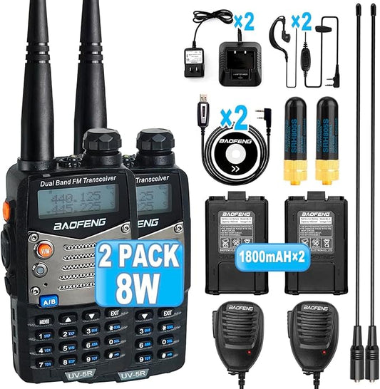 BAOFENG UV-5R 8W Ham Radio Handheld, 128 Channels Dual Band Two Way Radio, Amateur Radio with Earpiece and Mic, Programming Cable, 771 Antenna (2 Pack)