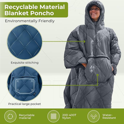 ATEPA Blanket Poncho Hooded Ultralight Water-Resisitant Warm Wearable Blanket Sleeping Bag Coat Cloak Camping Blanket