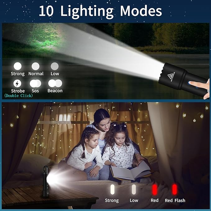 Rechargeable Flashlight, High Lumens LED Flashlight with COB Red Light, Multi Color Powerful Flashlight with Hook for Kids Camping、Outdoors Work, Gifts for Christmas Birthday Men&Women