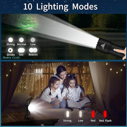 Rechargeable Flashlight, High Lumens LED Flashlight with COB Red Light, Multi Color Powerful Flashlight with Hook for Kids Camping、Outdoors Work, Gifts for Christmas Birthday Men&Women