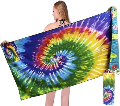 HAOKUN Microfiber Sand Free Beach Towel with Zipper Pocket Fast Dry Oversized Lightweight Big Large Towels for Travel Pool Swimming Bath Camping Adult Women Men Tie Dye Beah Towel (tie dye Colorful