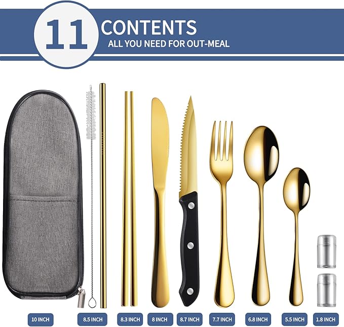 Portable Travel Utensils,Reusable Utensils,Travel Camping Cutlery Set,Stainless Steel Flatware Set with Case,Lunch Boxes Workplace Camping School Picnic (Gold)