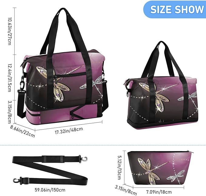 Weekender Bag for Women, Dragonfly Purple Gym Sports Duffle Travel Tote With Toiletry and Swim Bag