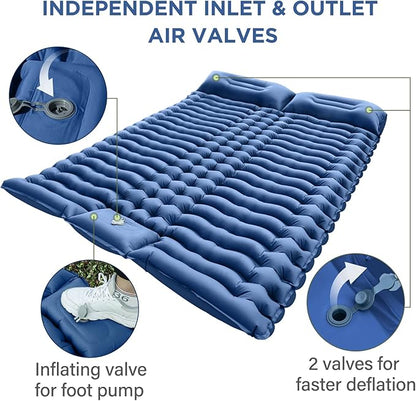 Double Sleeping Pad for Camping - Self Inflating 4" Extra-Thick for 2 Person with Pillow Built-in Foot Pump Inflatable Sleeping Mat for Backpacking, Hiking, Traveling, Tent