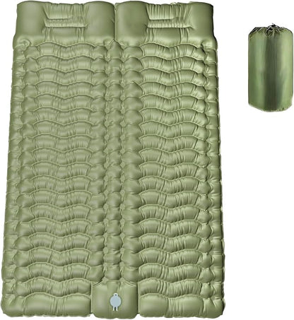 Double Sleeping Pad for Camping, Self-Inflating Sleeping Mat with Built-in Foot Pump, Air Mattress with Pillows, Foldable Camping Sleeping Pad for Hiking, Backpacking, Traveling (Green)