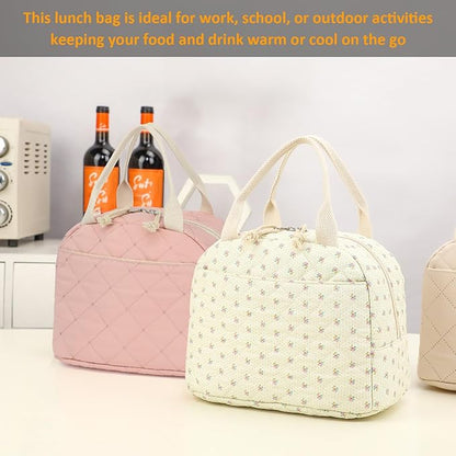 Pink Quilted Lunch Tote Bag, Insulated Thermal Cooler, Portable and Reusable Large Capacity for Office, School, or Picnic, 8.5L