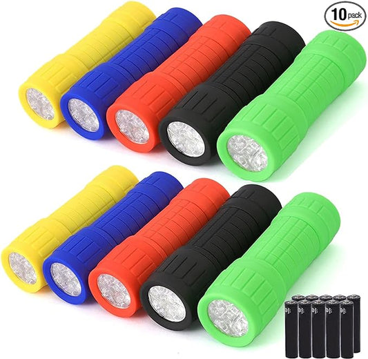 10Pack Mini Flashlights Set, 9-LED Small Flashlight for Kids, 5 Colors, with Lanyard and 30 AAA Batteries Included, Perfect for Night Reading Party Camping Hunting Emergency