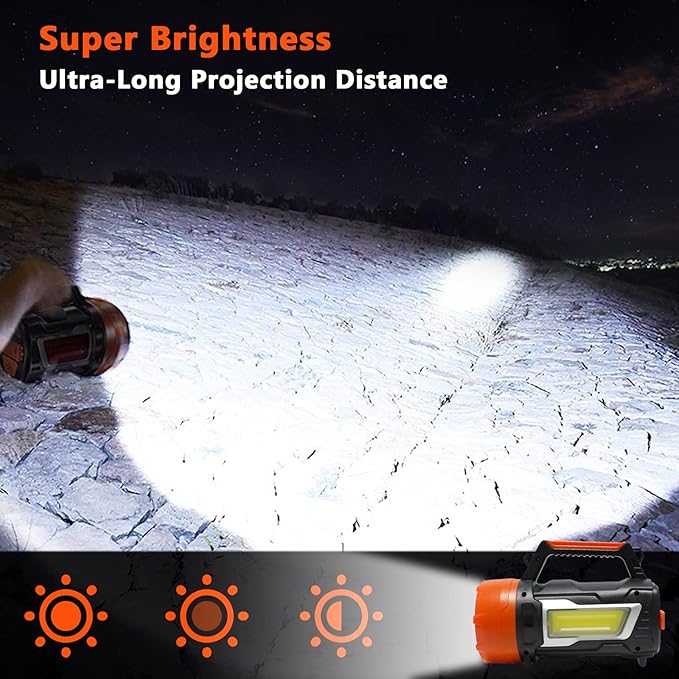 Handheld Spotlight Searchlight, Rechargeable 35W High Lumen Waterproof Ultra Bright LED Hand Crank Flashlight, Portable USB Power Bank With Long-lasting Battery For Camping, Outdoor, Emergency