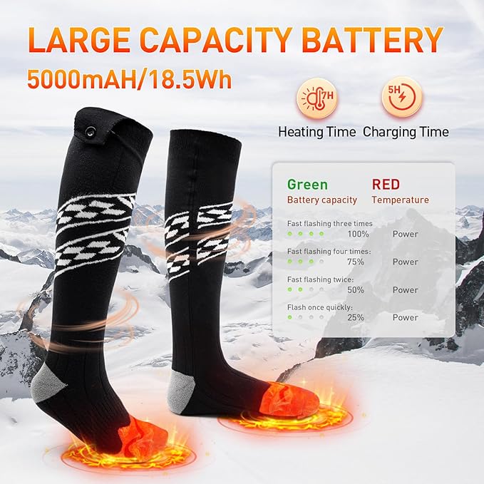 Heated Socks for Men Women,5000mAh Rechargeable Electric Heated Socks,Washable Unisex Winter Thermal Socks,Feet Warmers for Skiing Camping Hiking Hunting Outdoor