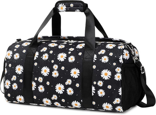 Dance Bag for Girls Gym Bag Sports Duffle Bag with Shoes Compartment Wet Pocket Weekender Overnight Bag for Girls Women Teens Corduroy Daisy Travel Duffle Bag